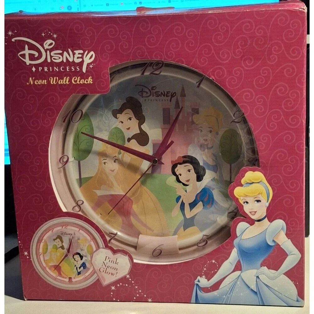 Disney Princess Neon Wall Clock Pink Glow Box 2005 Cinderella Snow White Belle..